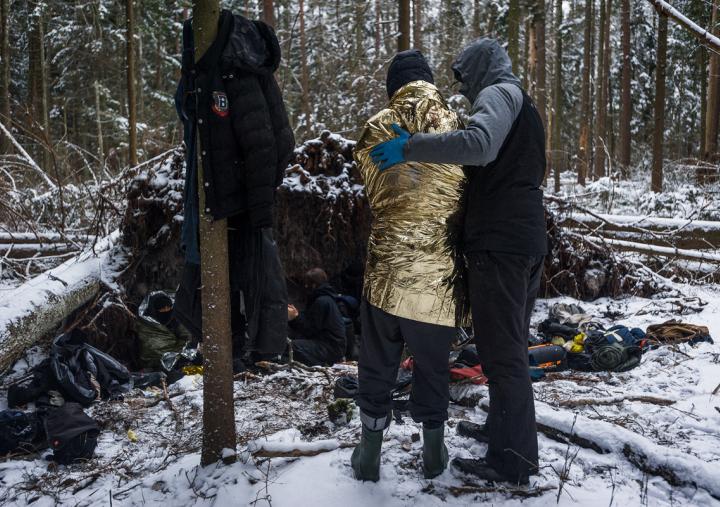 Humanitarian intervention taking place during the winter, in cold temperatures. People met by humanitarian workers in the forest were already showing the first signs of hypothermia.